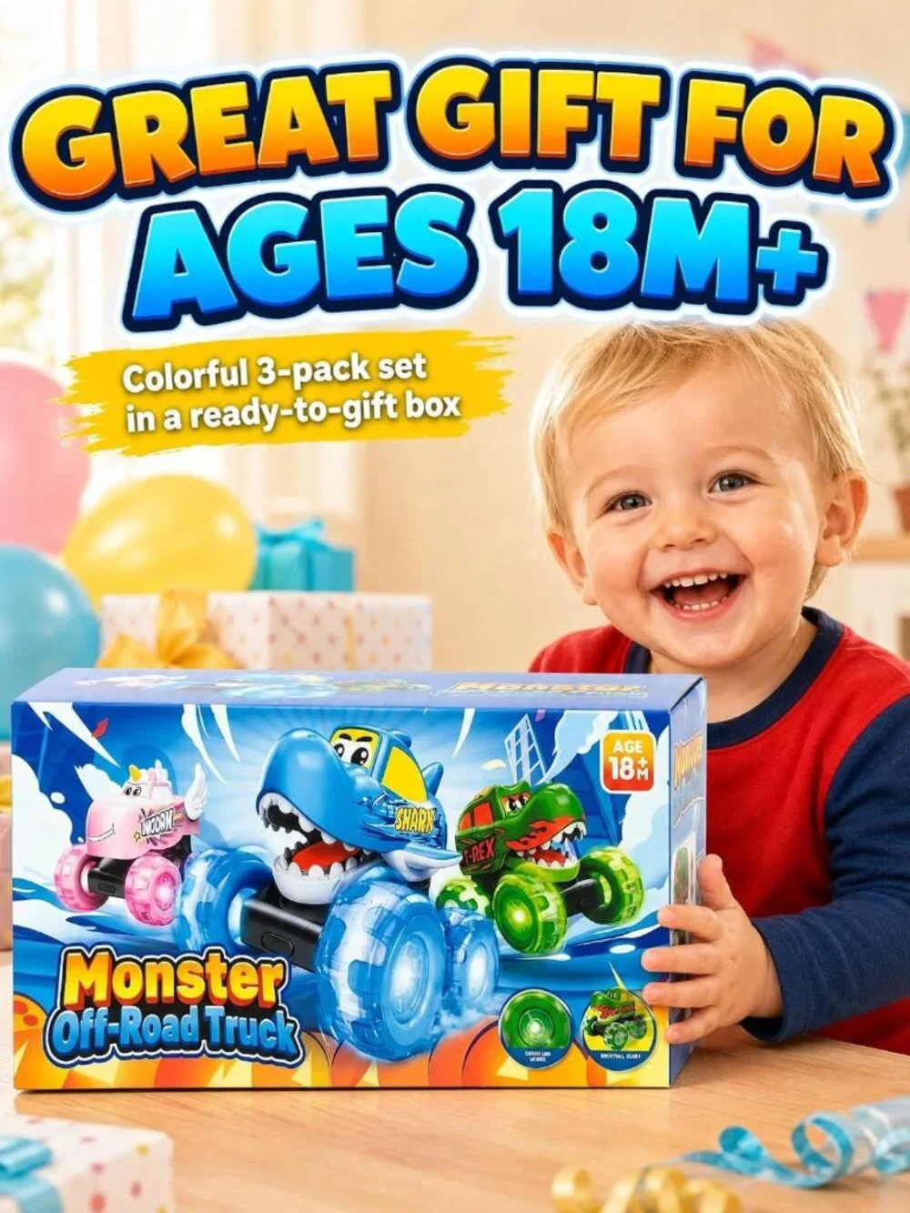 3 Pack Light Up Monster Truck Toys for Toddlers, Big Wheel Friction Cars, Fun